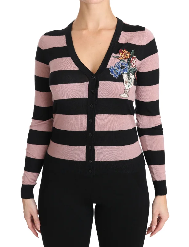 Dolce & Gabbana Elegant Floral Embroidered Cashmere Cardigan Striped Floral Plaid