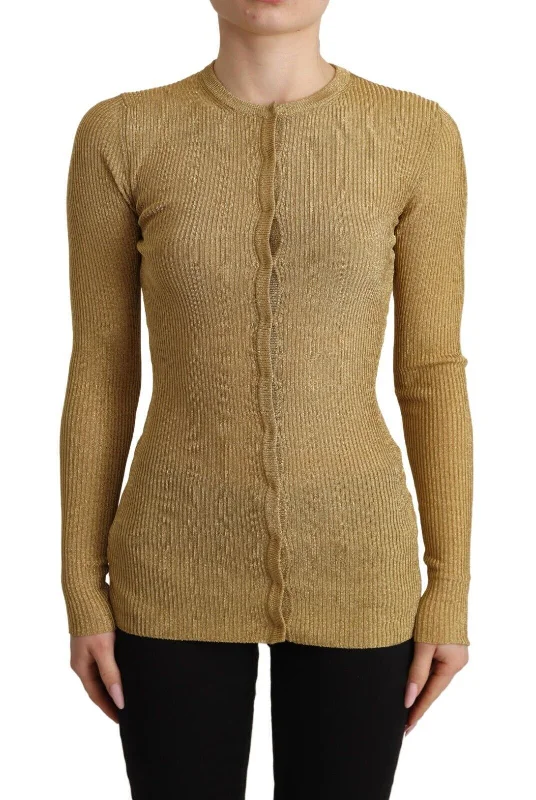 Dolce & Gabbana Glamorous Gold Snap-Button Cardigan Houndstooth Herringbone Solid