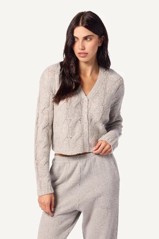 JOLIE V-NECK CROPPED CABLE CASHMERE CARDIGAN   | FOGGY Denim Fabric Leather Fabric Suede Fabric