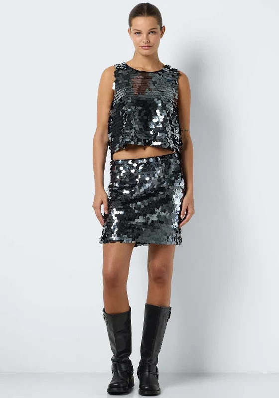 Noisy May Mille Disc Sequin Crop Top, Silver Sequined Glittery Shiny