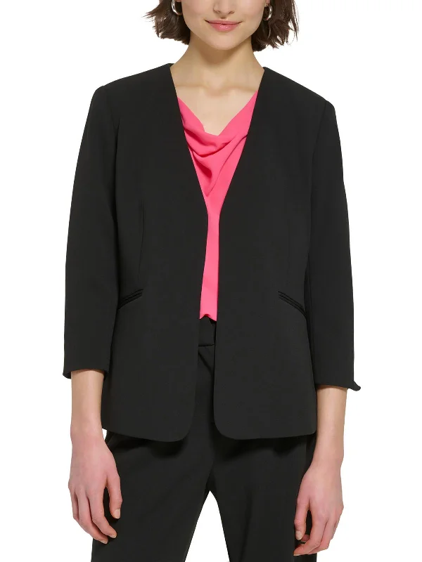 Petites Womens Woven Collarless Open-Front Blazer Women's Simple Jacket