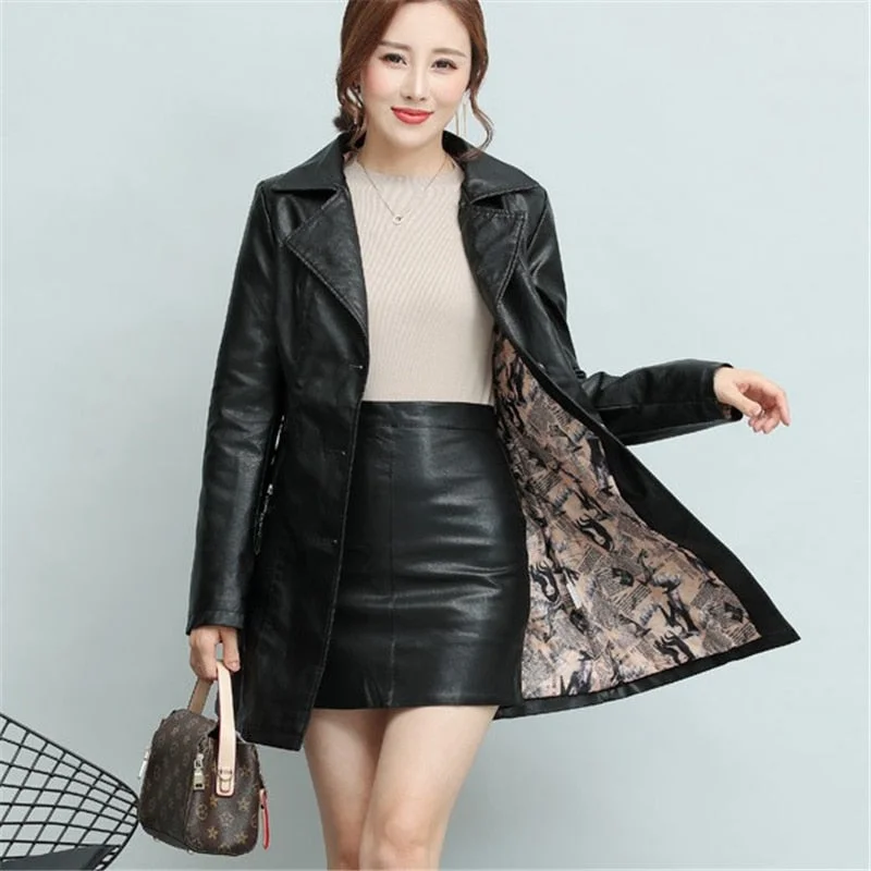 Winter New girl  thick Leather Jacket Long Women's Coat slim Fashion punk Female Motorcycle Clothing faux leather Blazer autumn Women's Boutique Suit