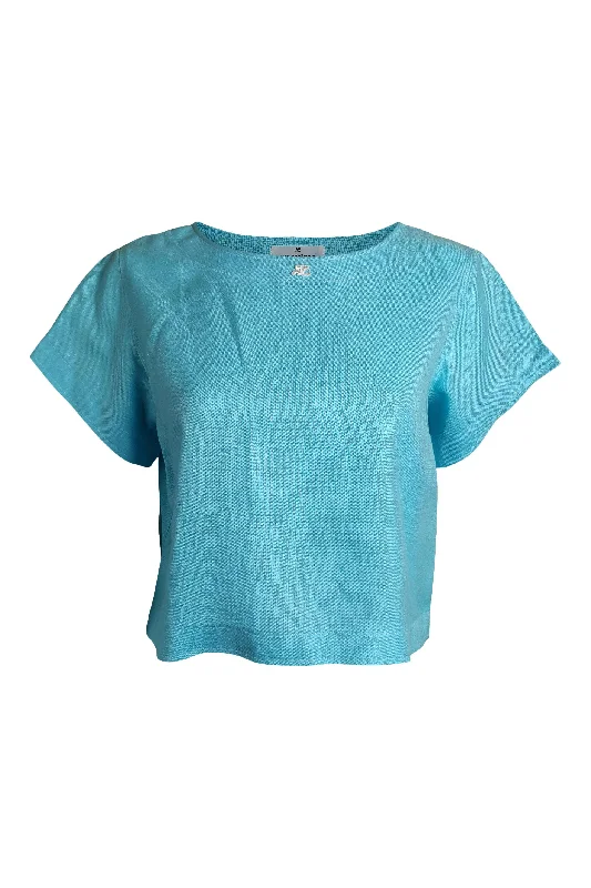 COURRÈGES Vintage Baby Blue Viscose Short Sleeved Crop Top (FR 44) Knit Fabric Woven Fabric Fleece Fabric COURRÈGES Vintage Baby Blue Viscose Short Sleeved Crop Top (FR 44) Knit Fabric Woven Fabric Fleece Fabric