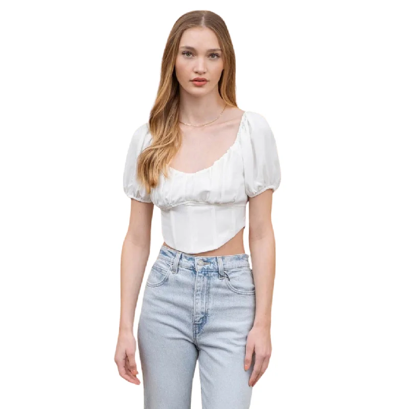 Women's Solid Corset Waist Crop Top CCR 2268 White Collared Crew Neck Turtle Neck
