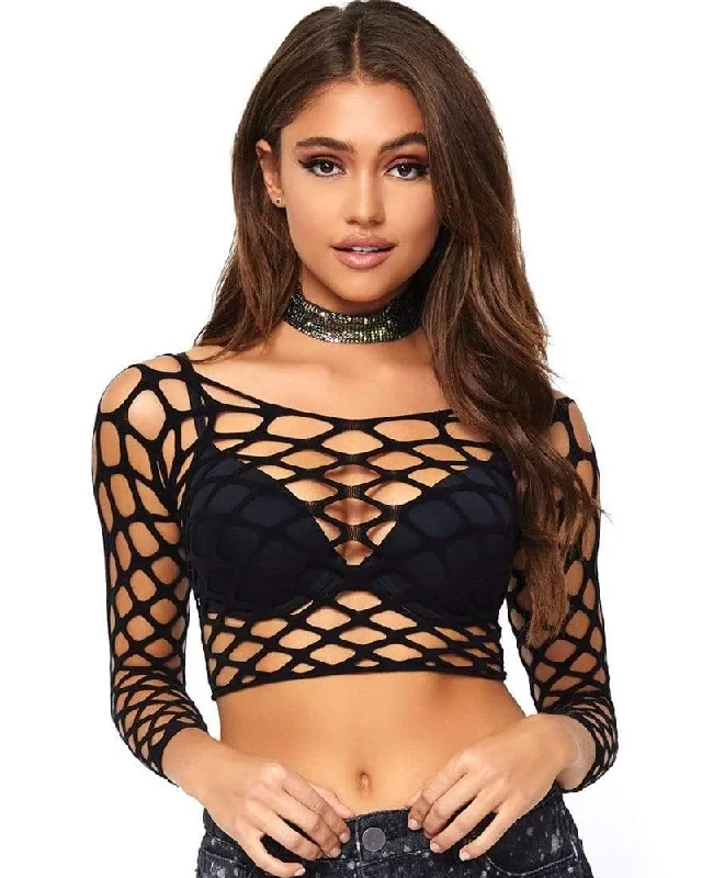 80s Black Pothole Net Crop Top Fleece Nylon Spandex