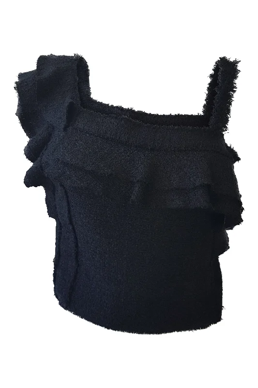 PROENZA SCHOULER Black Tweed Ruffle Sleeve Crop Top (UK 6) Elasticated Padded Insulated PROENZA SCHOULER Black Tweed Ruffle Sleeve Crop Top (UK 6) Elasticated Padded Insulated