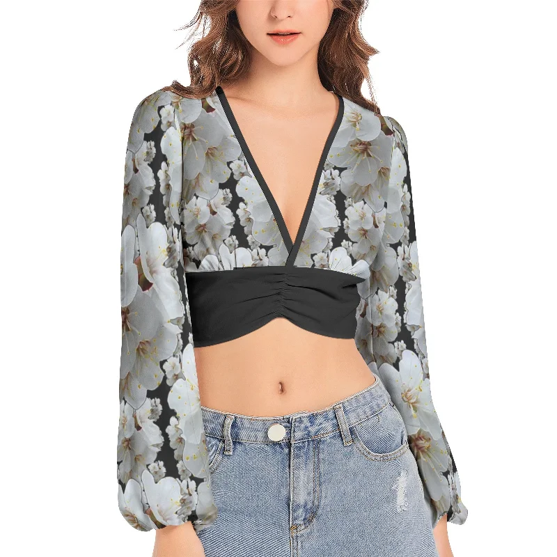 TRP Floral Print 01-01 Designer Deep V-neck Lantern Sleeve Crop Top Layered Multi-layer Single Layer TRP Floral Print 01-01 Designer Deep V-neck Lantern Sleeve Crop Top Layered Multi-layer Single Layer