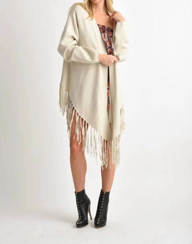 Angel Long Sleeve Cardigan With Fringe Hem In Beige Fitted Loose Oversized