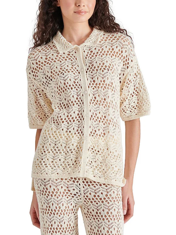 Avana Womens Cotton Crochet Cardigan Sweater Real Fur Shearling Chenille