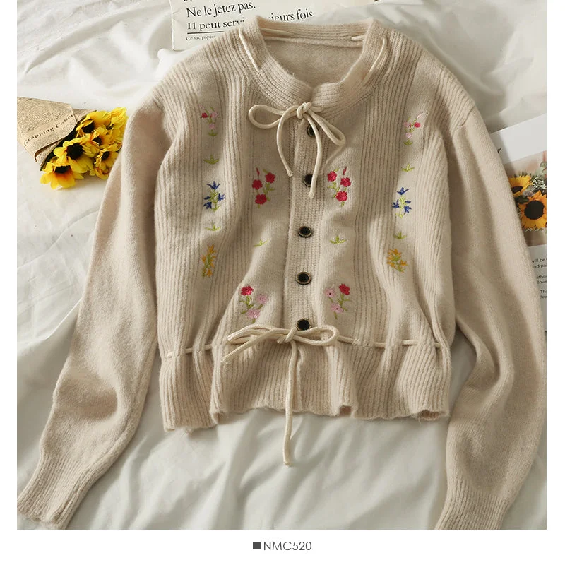 Bow tie lace up embroidered single breasted cardigan top 1862 Iron Safe Non-Iron Wrinkle Free Bow tie lace up embroidered single breasted cardigan top 1862 Iron Safe Non-Iron Wrinkle Free