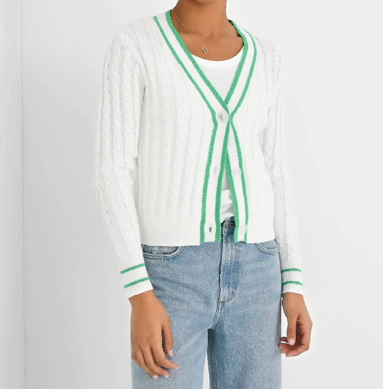 Cable Varsity Cardigan In White/clover Beaded Cardigan Sequined Faux Fur