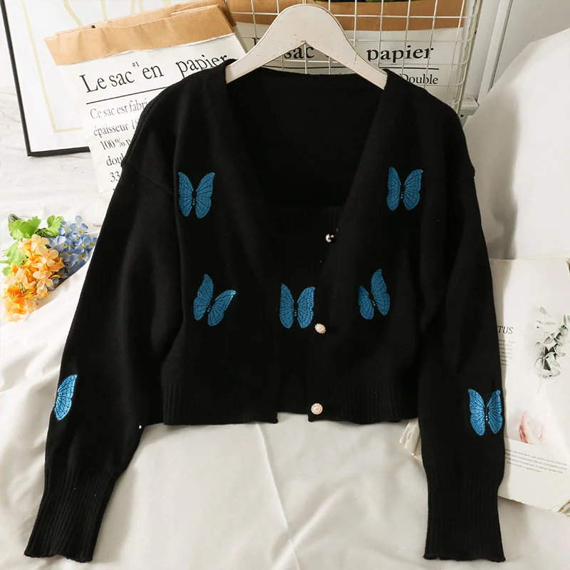 Cardigan sweater with short suspender inside  1701 Patchwork Embroidered Appliqued