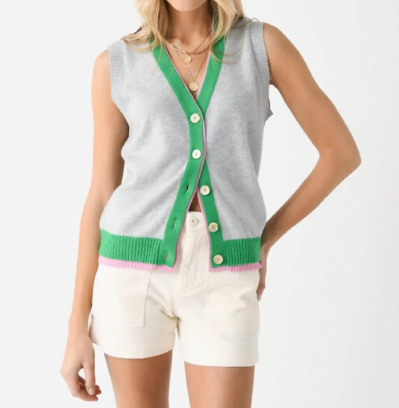 Cashmere Double Rib Sleeveless Cardigan In Super Grey/bright Green Rose Terry Terry Cloth Terry Knit Cashmere Double Rib Sleeveless Cardigan In Super Grey/bright Green Rose Terry Terry Cloth Terry Knit