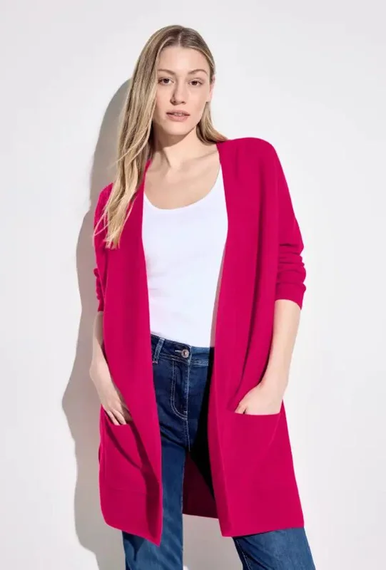 Cecil Ribbed Open Long Cardigan, Pink Sorbet Transparent Opaque Sheer