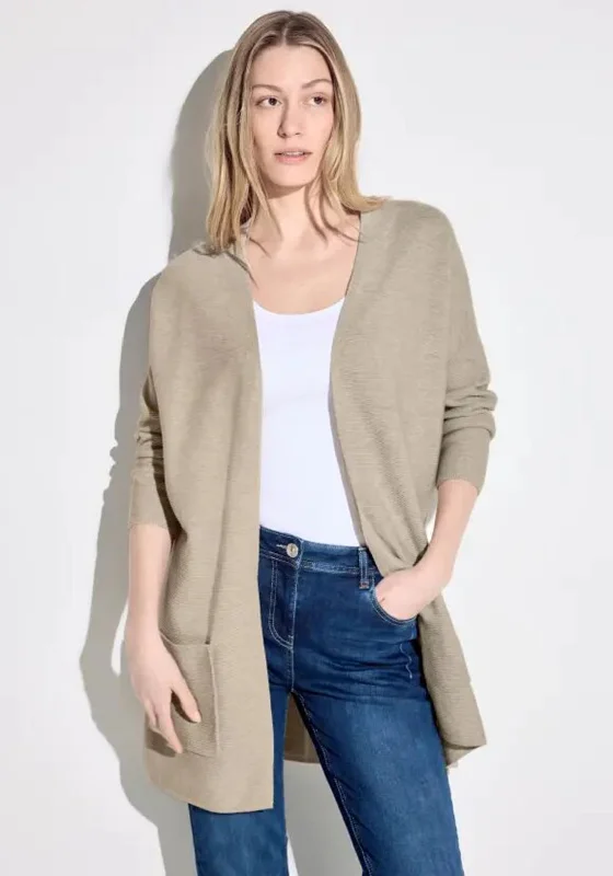 Cecil Ribbed Open Long Cardigan, Boulder Beige Glossy Satin Silk