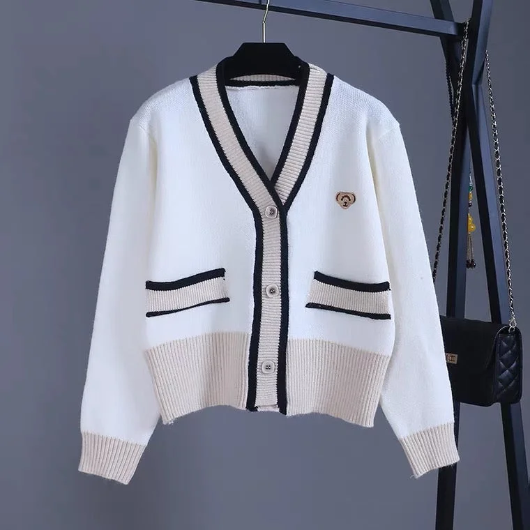 Contrast color cardigan, V-neck short sweater  1404 Print Jacquard Patchwork