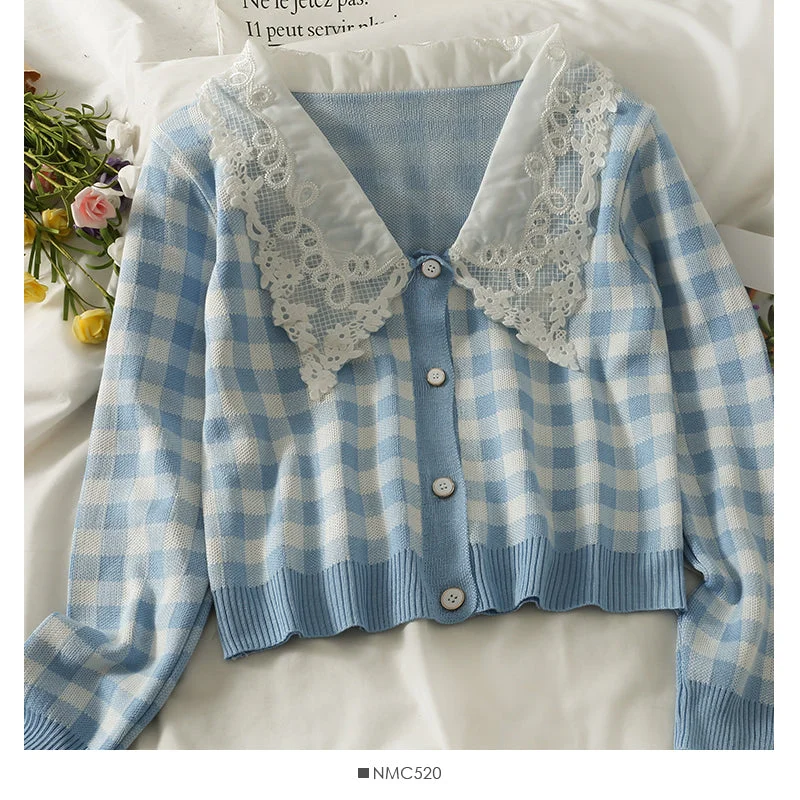 Contrast Lace Panel Lapel short slim cardigan  1864 Machine Wash Dry Clean Hand Wash