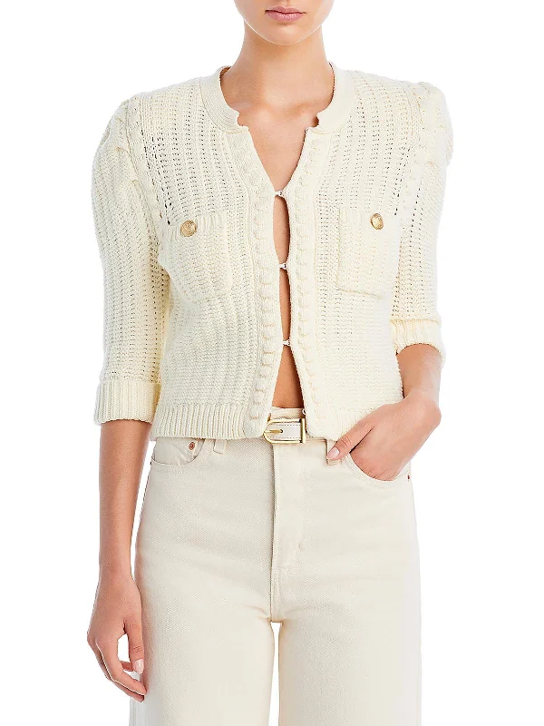 Delilah Womens Textured Cotton Cardigan Sweater Herringbone Houndstooth Plaid
