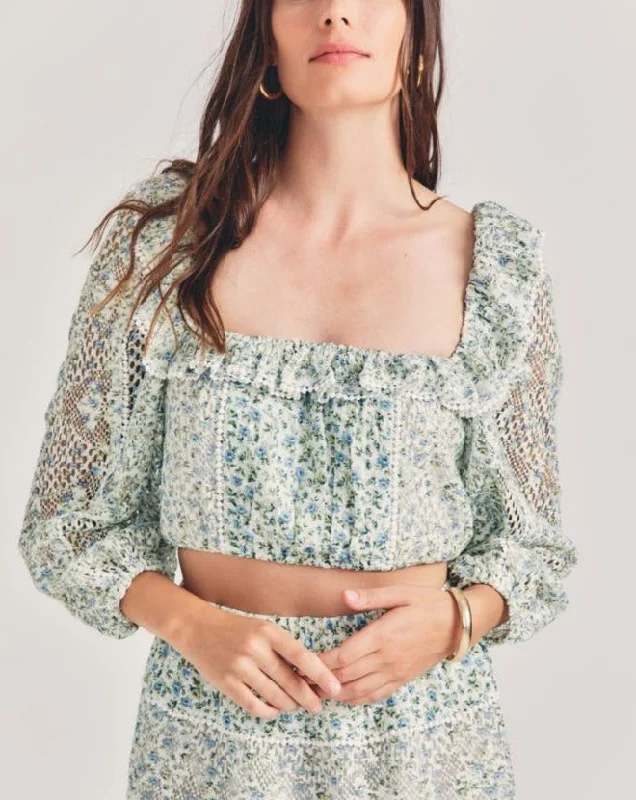 Dorabella Crop Top - White Garden Stream Chenille Blend Fleece Blend Nylon Blend