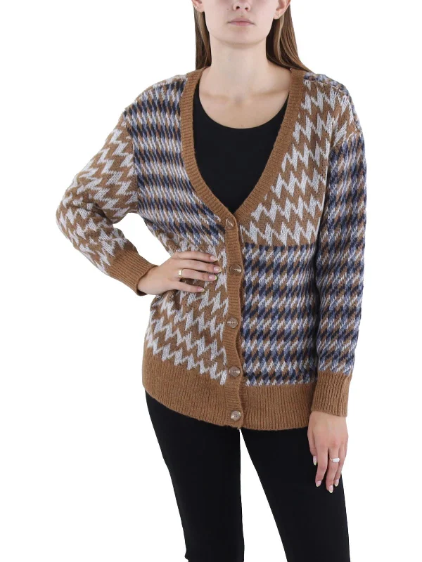 Enzo Cardi Womens Cardigan Ribbed Button-Up Real Fur Shearling Chenille