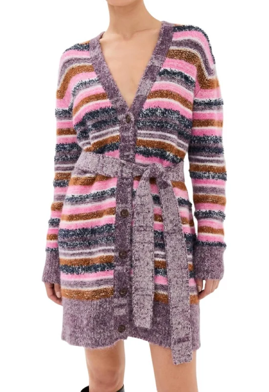 Erica Cardigan Sweater In Multi Stripe Berry Blue Soft Cozy Warm