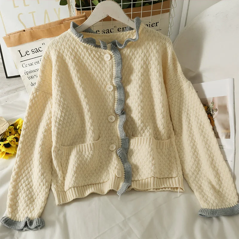 Hong Kong style retro color matching agaric edge single breasted cardigan sweater 1707 Boxy Cardigan Fitted Cardigan A-Line Hong Kong style retro color matching agaric edge single breasted cardigan sweater 1707 Boxy Cardigan Fitted Cardigan A-Line