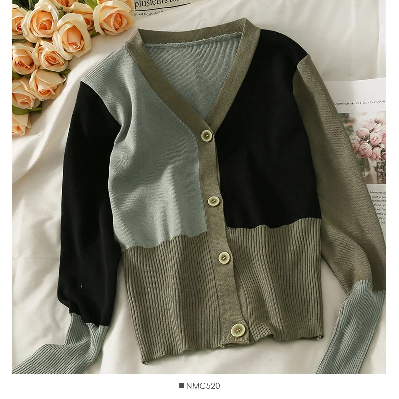 Hong Kong Vintage contrast stitched single breasted cardigan top women's  2024 Fitted Slim Tailored