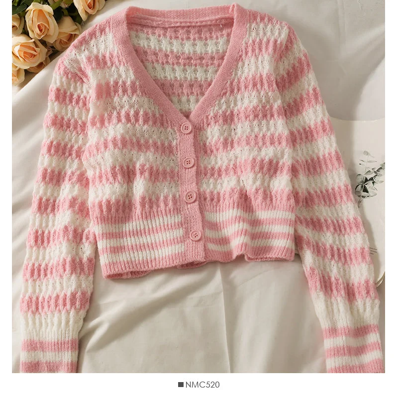 Korean stripe loose and thin short single breasted cardigan sweater  1883 Terry Terry Cloth Terry Knit