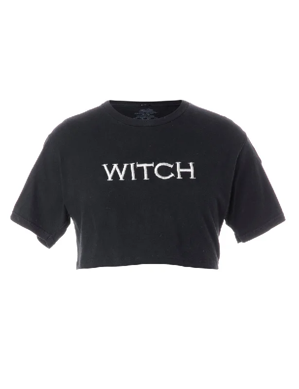 Label Embroidered Witch Crop Top Collared Crew Neck Turtle Neck