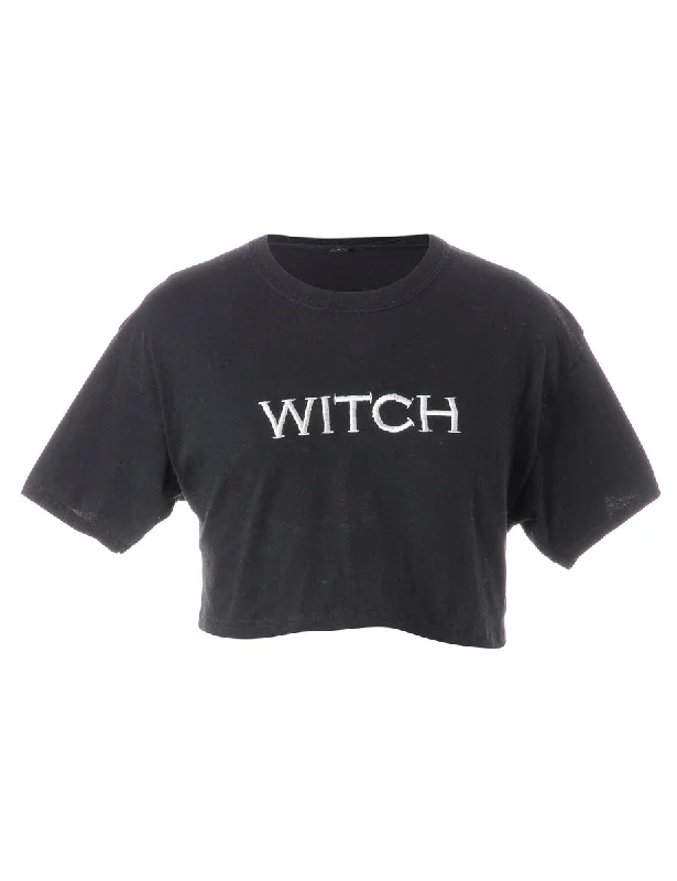 Label Embroidered Witch Crop Top Hooded Caped Shawl Collar