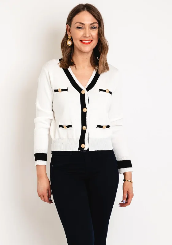 Serafina Collection One Size Gold Button Cardigan, White Solid Print Embellished