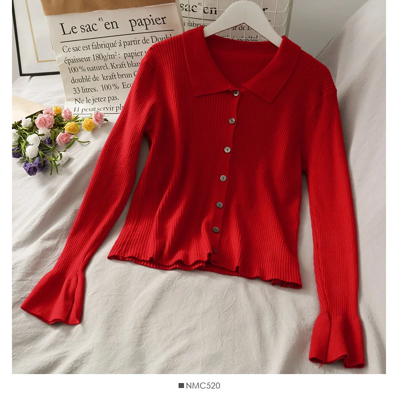 Lapel cardigan top female slim fit versatile sweater  1744 Cardigan Knitwear Sweater