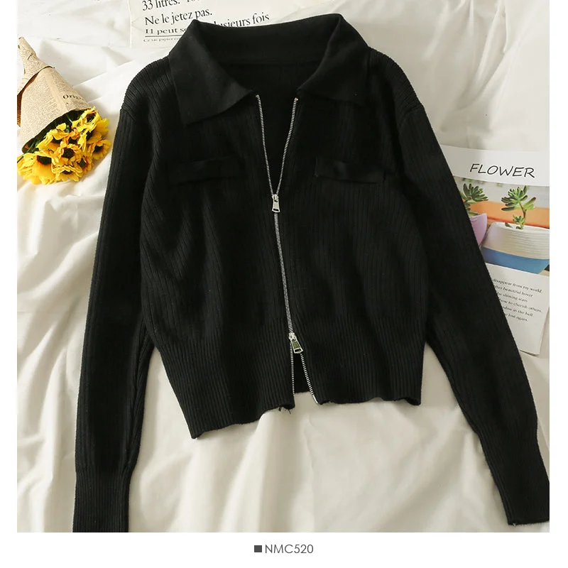 Lapel Zip Cardigan long sleeve vertical stripe top  1830 Bright Pastel Dark
