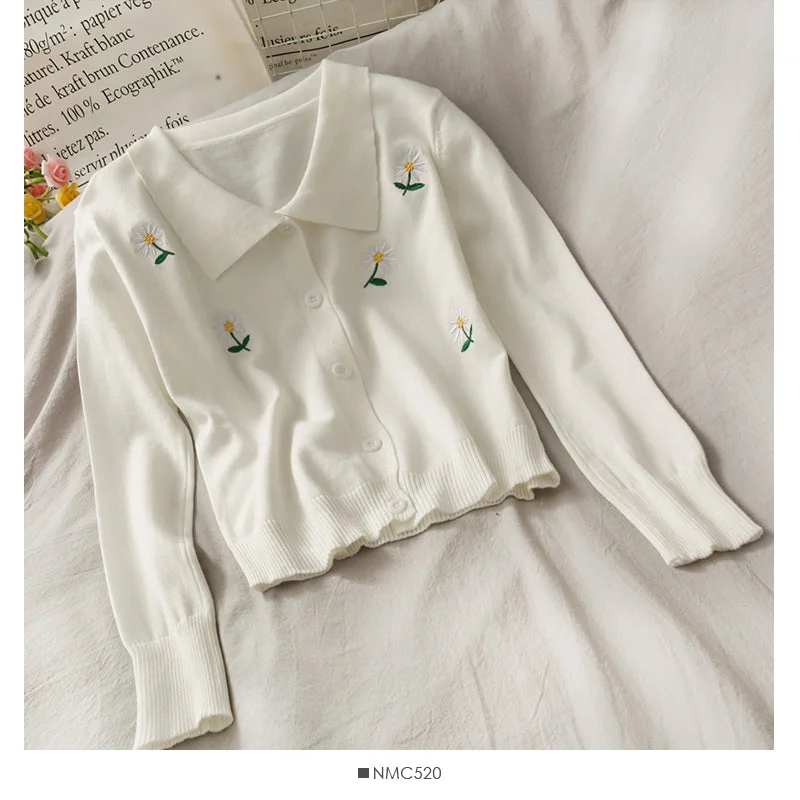 Little fresh Daisy embroidery single breasted cardigan women's sweater 1934 Beaded Cardigan Sequined Faux Fur Little fresh Daisy embroidery single breasted cardigan women's sweater 1934 Beaded Cardigan Sequined Faux Fur