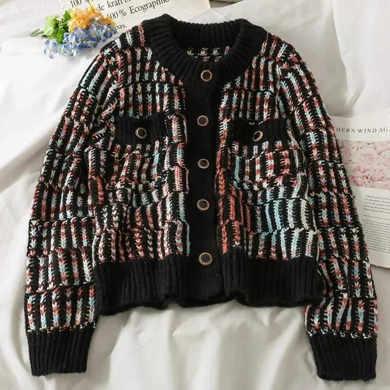 Loose crew-neck knit, striped single-breasted cardigan long-sleeved top 1445 Herringbone Houndstooth Plaid Loose crew-neck knit, striped single-breasted cardigan long-sleeved top 1445 Herringbone Houndstooth Plaid