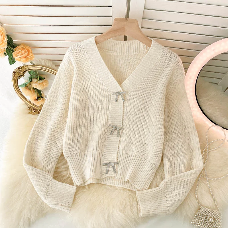 Lovely bow-knot long-sleeved cardigan sweater  137 Neon metallic Matte