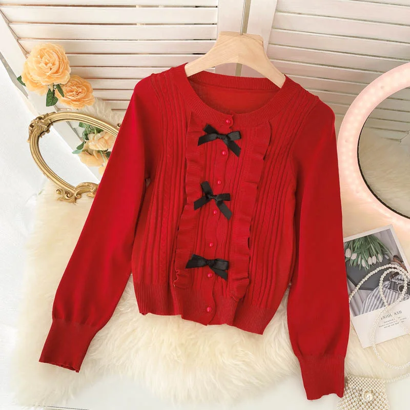 Lovely bow-knot long-sleeved cardigan sweater  138 Thin Thick Dense