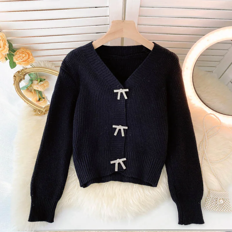 Lovely bow-knot long-sleeved cardigan sweater  009 Sequined Glittery Shiny