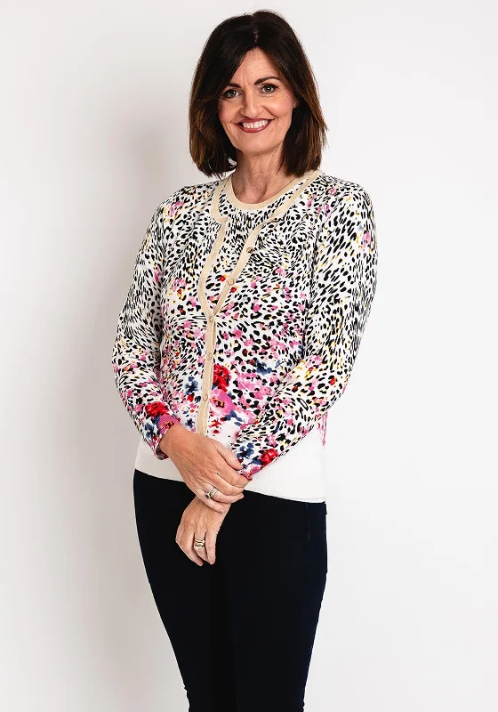 Micha Round Neck Leopard Print Top & Cardigan Twinset, Multi Print Jacquard Patchwork Micha Round Neck Leopard Print Top & Cardigan Twinset, Multi Print Jacquard Patchwork