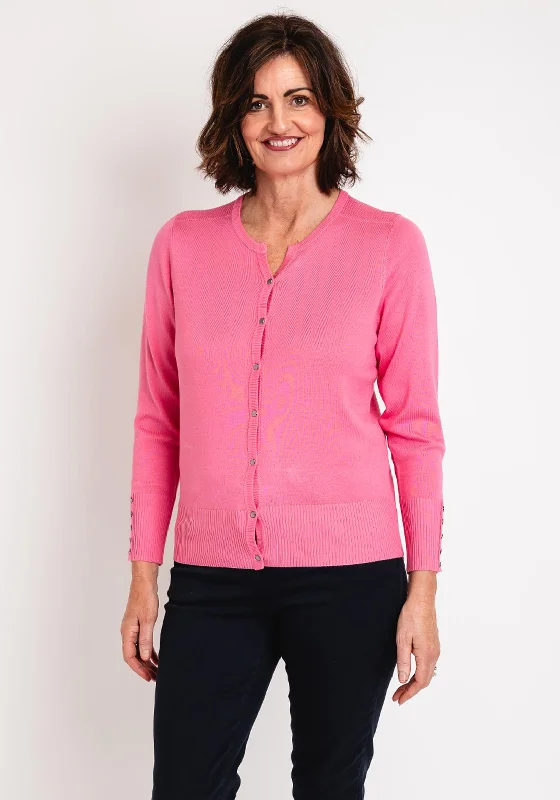 Micha Round Neck Fine Cardigan, Pink Nylon Fabric Polyester Fabric Spandex Fabric