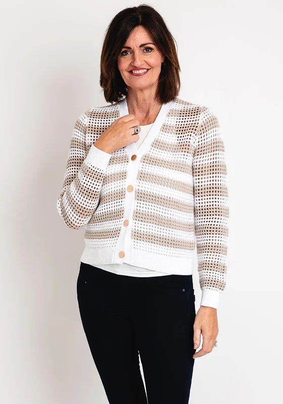 Micha Ajour Striped Knitted Cardigan, Neutral Hooded Caped Shawl Collar
