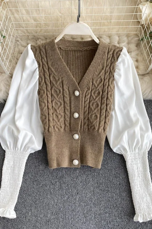 Minority lamb leg sleeve long sleeve stitched Vintage twist knitted cardigan top 1575 Soft Cozy Warm Minority lamb leg sleeve long sleeve stitched Vintage twist knitted cardigan top 1575 Soft Cozy Warm