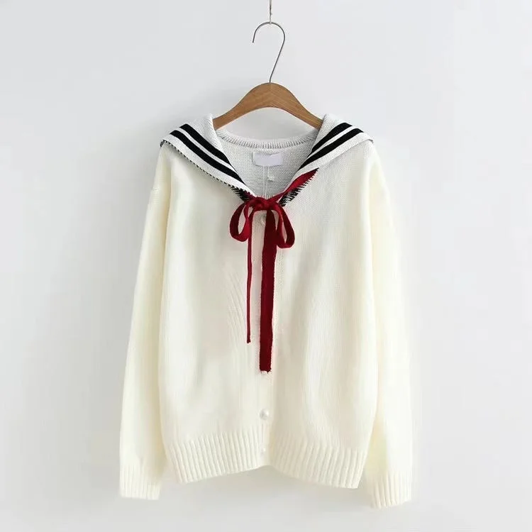 Navy collar long sleeve sweater, student tie bow knit cardigan  1414 Polka Dot Checkered Tartan