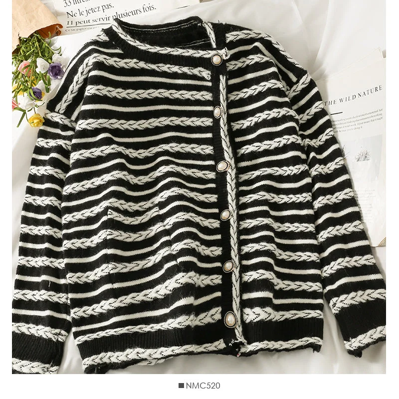 New striped loose thin single breasted cardigan  2007 Bright Pastel Dark