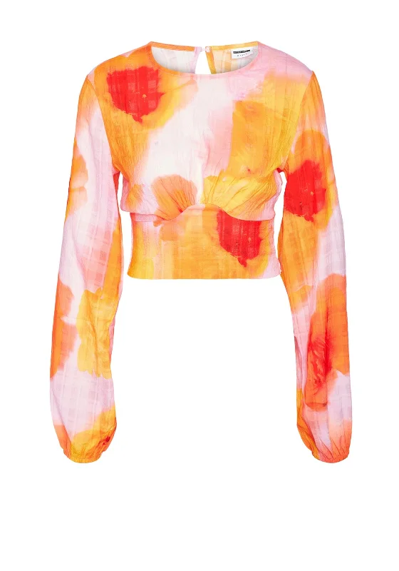 Noisy May Ava Open Back Crop Top, Tangerine Graphic Embroidered Appliqued