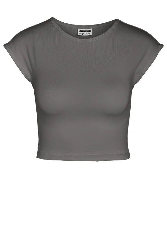 Noisy May Katinka Cap Sleeve Crop Top, Charcoal Grey Cozy Warm Stylish