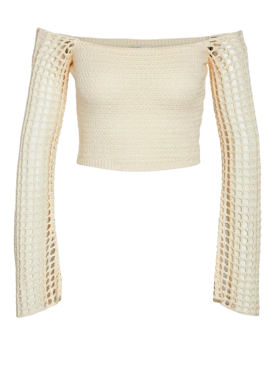 Noisy May Nova Off Shoulder Knit Crop Top, Eggnog Fashionable Trendy Casual