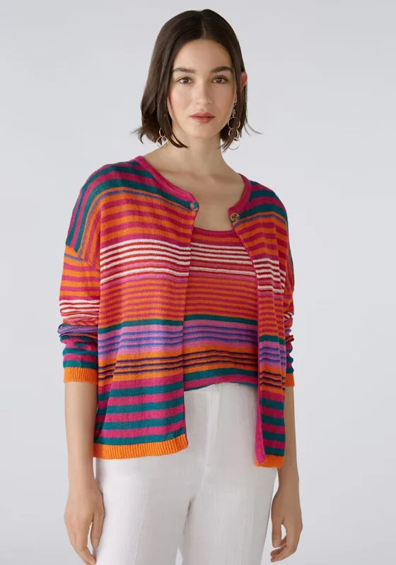 Oui Linen Striped Cardigan, Pink Patchwork Embroidered Appliqued