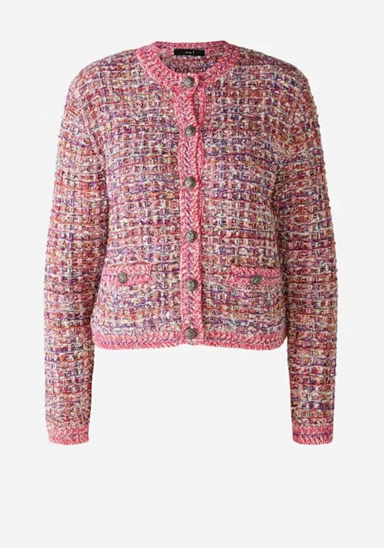 Oui Boucle Cotton Blend Cardigan, Pink Crew Neck V-Neck Turtle Neck