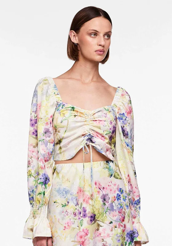 Pieces Mari Tie Satin Floral Crop Top, Cloud Dancer Real Fur Shearling Chenille